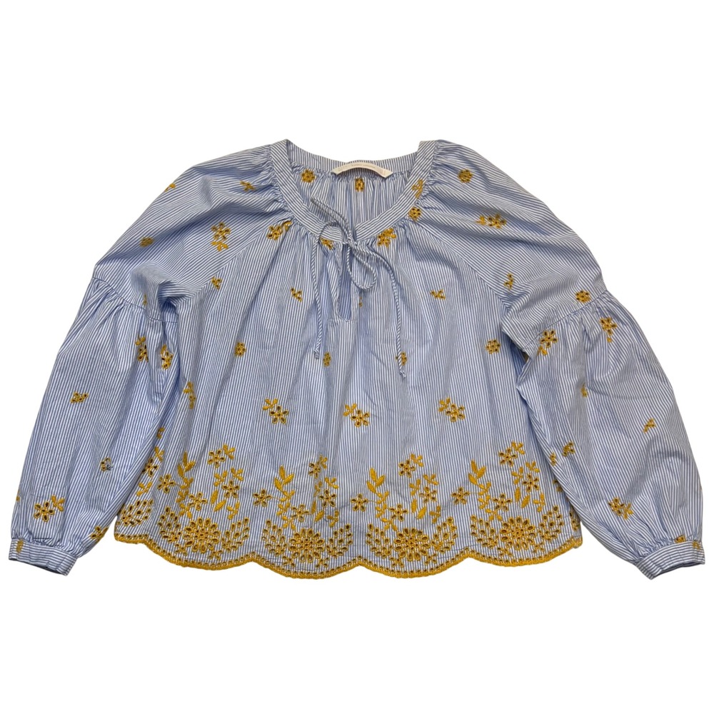 Zara Blue Pinstripe Yellow Floral Eyelet Embroidered Blouse Size S